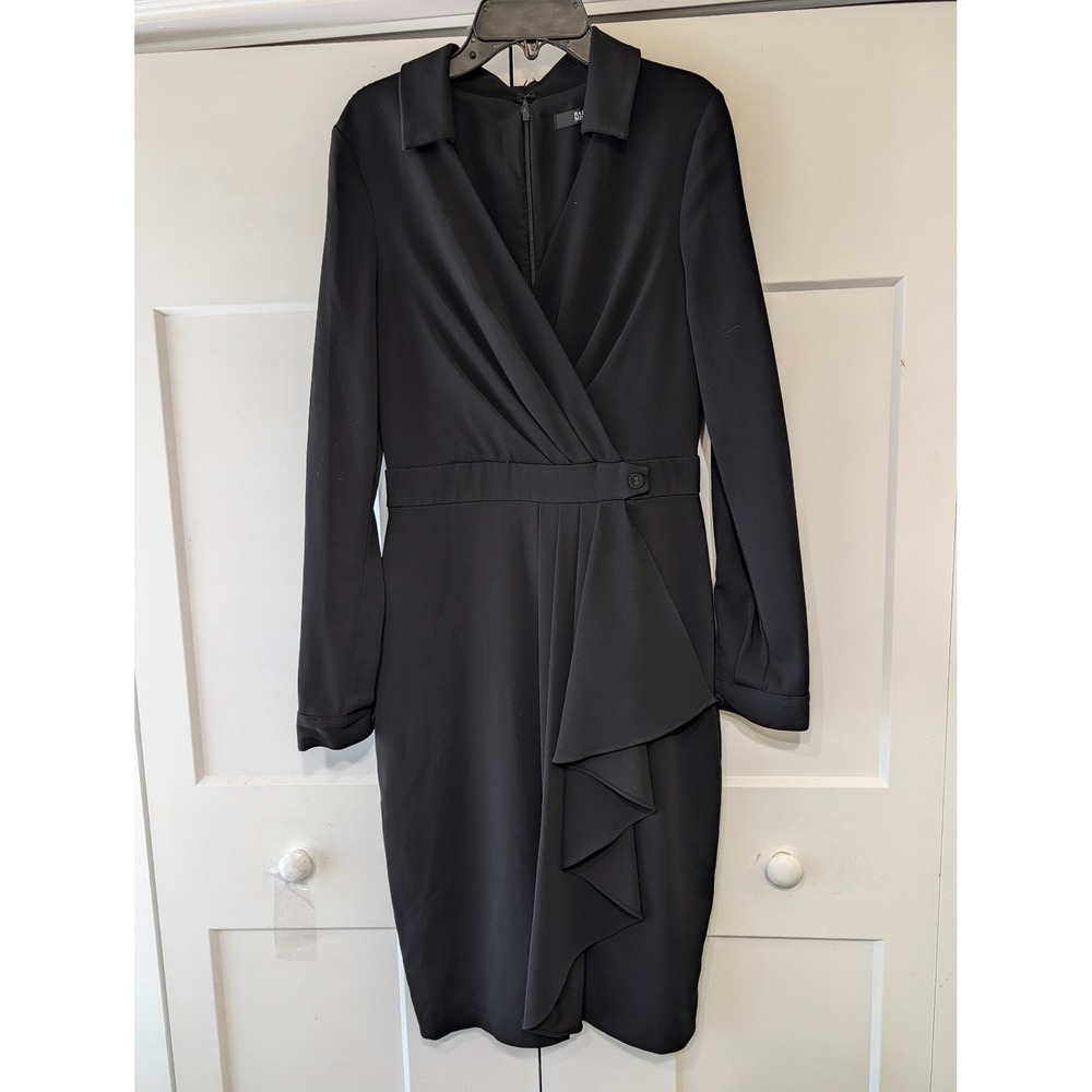 Badgley Mischka Black Long Sleeve Collared Ruffle Wrap Sheath Dress Size 2